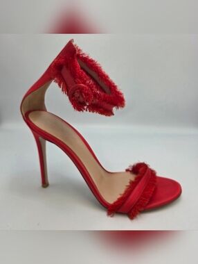 Gianvito Rossi Olivia Red Satin Fringe Ankle Wrap Stiletto Sandals Size 38 EU